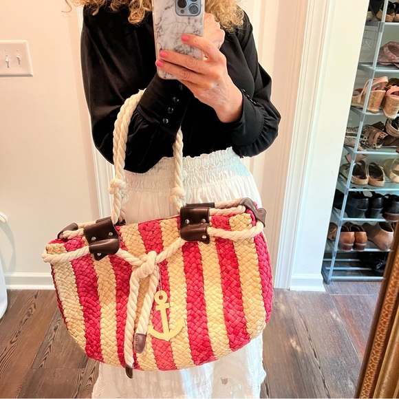 Handbags - Red straw Cornhusk tote bag nautical stripes rope handles wood anchor